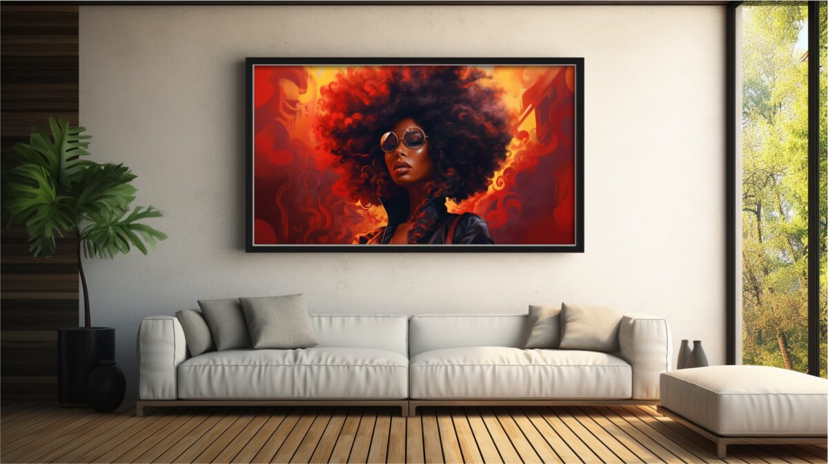 Afrocentric digital art of a confident Black woman framed by blazing red-orange swirls and smoky curls