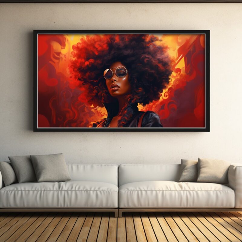 Afrocentric digital art of a confident Black woman framed by blazing red-orange swirls and smoky curls