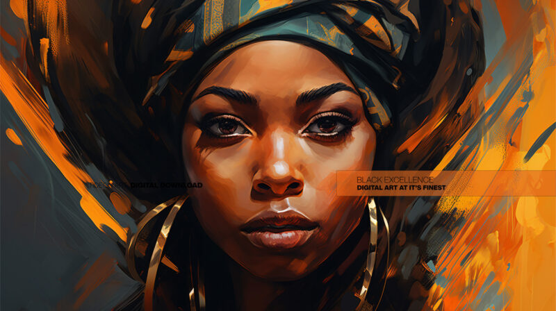 Painterly digital portrait of a Black woman in a teal and orange headwrap surrounded by expressive brushstroke accents.