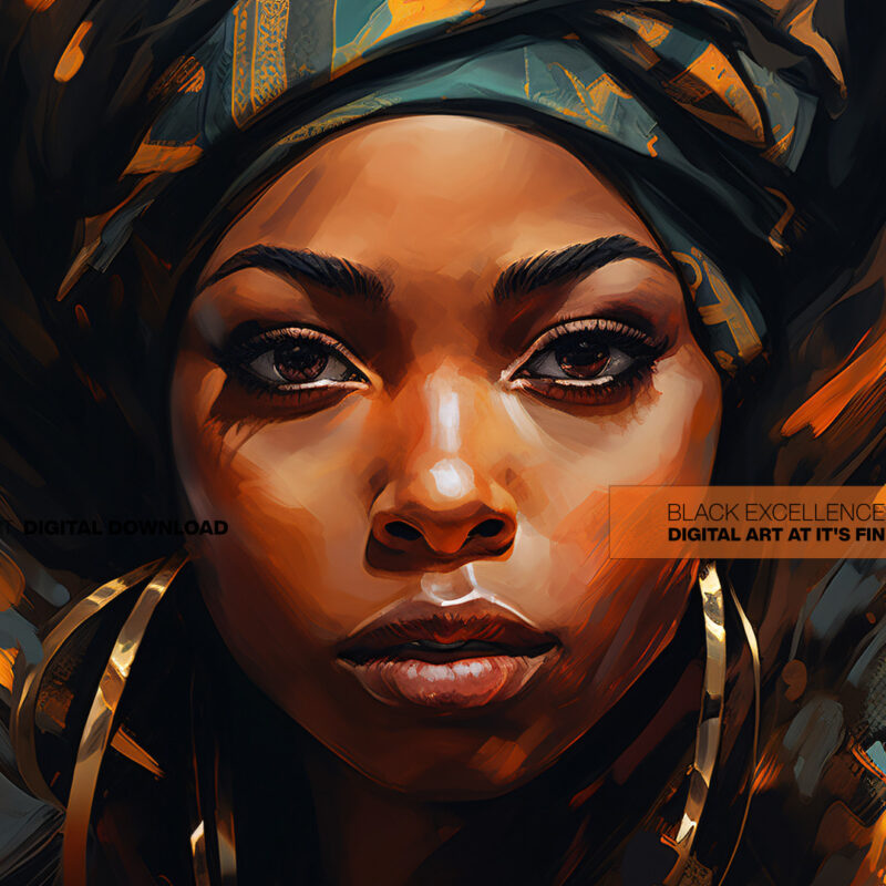 Painterly digital portrait of a Black woman in a teal and orange headwrap surrounded by expressive brushstroke accents.