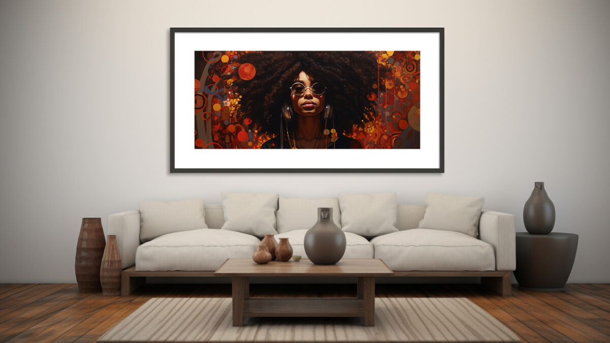 Afrocentric digital art of a woman with headphones, curls lit by ember-orange brushstrokes, eyes closed in musical groove