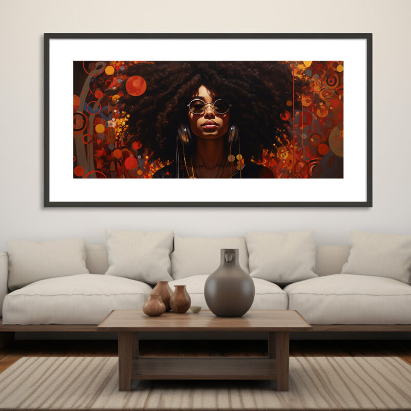 Afrocentric digital art of a woman with headphones, curls lit by ember-orange brushstrokes, eyes closed in musical groove