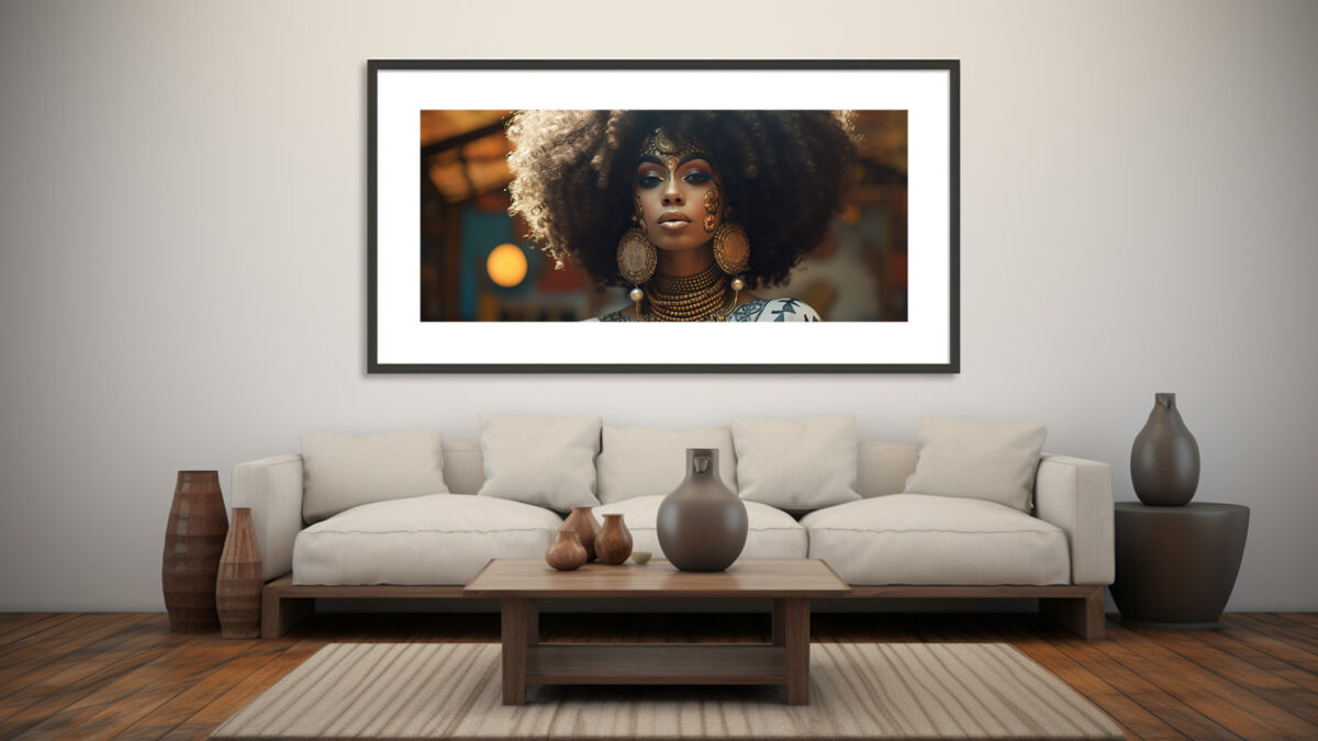 Afrocentric digital art of a regal Black woman adorned with gold-leaf face art and lavish jewelry