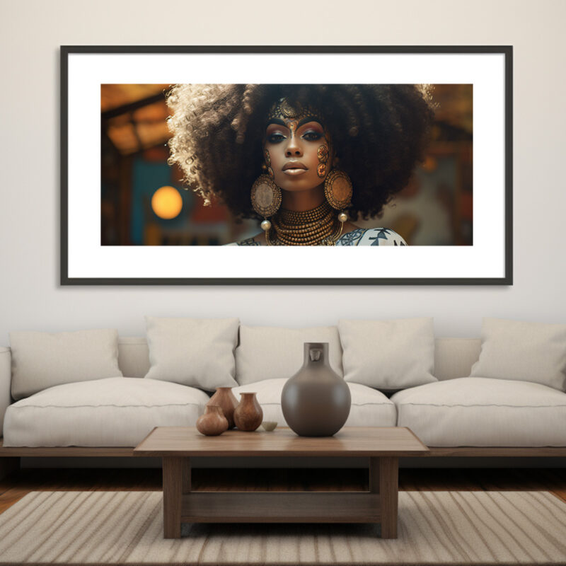 Afrocentric digital art of a regal Black woman adorned with gold-leaf face art and lavish jewelry