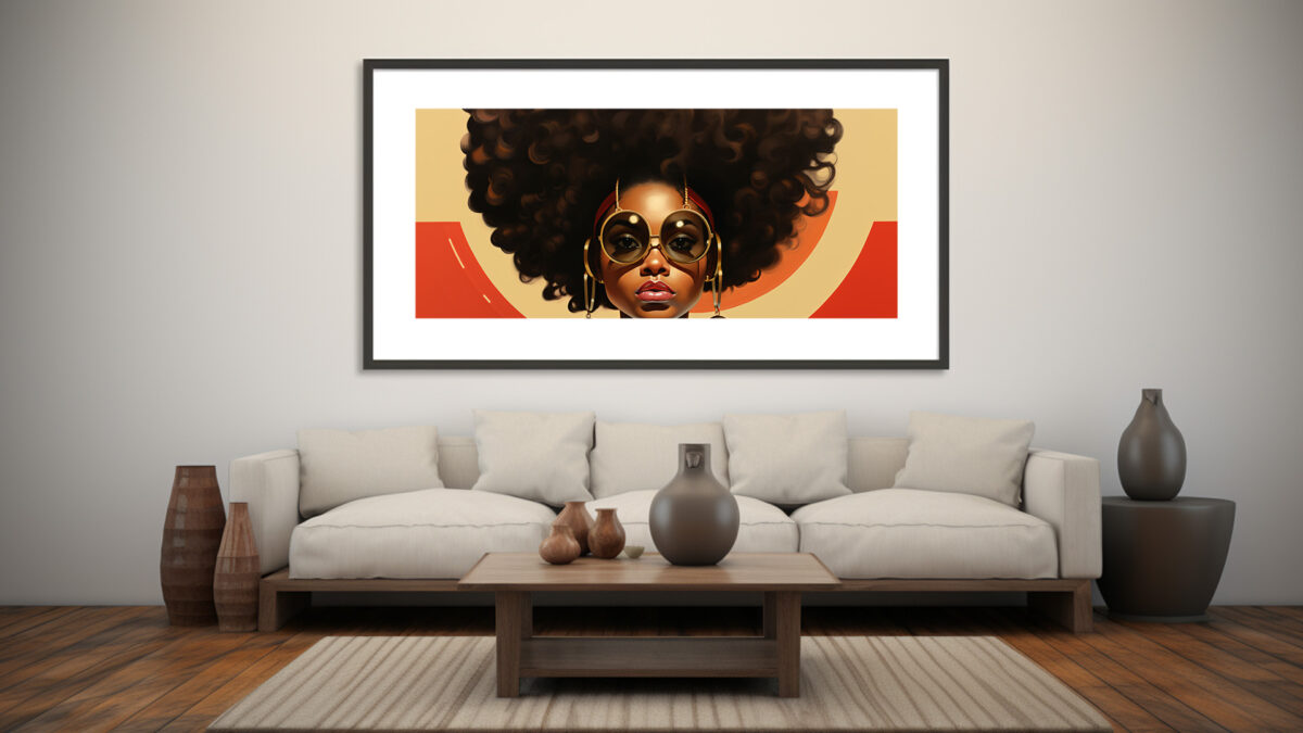 Vintage Glamour: A Stylish Portrait of a Woman with a Big Afro and Sunglasses - Digital Download Art