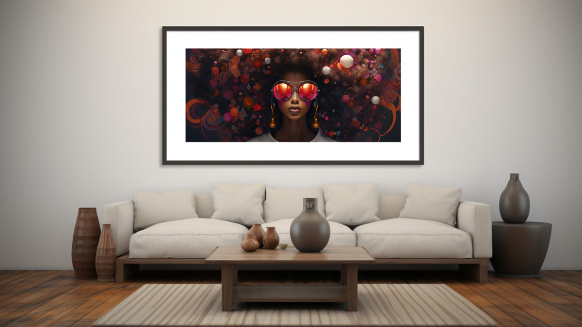 Afrocentric digital art of a stylish Black woman whose vivid curls contain floating orbs and cosmic patterns