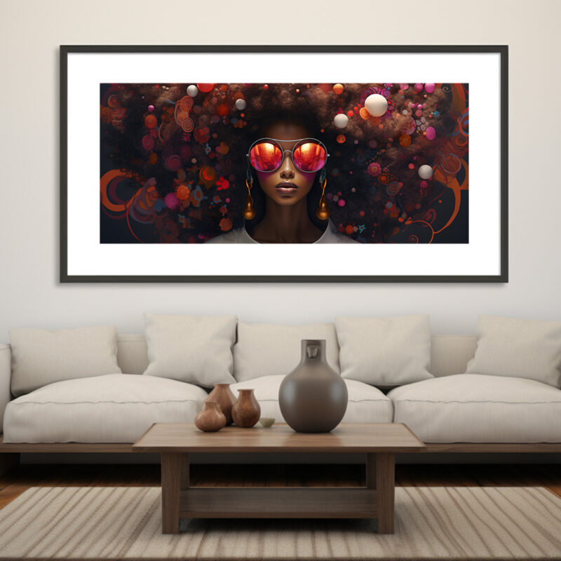 Afrocentric digital art of a stylish Black woman whose vivid curls contain floating orbs and cosmic patterns