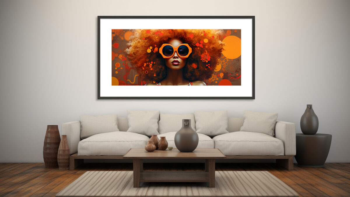 Afrocentric digital art of a Black woman wearing oversized orange sunglasses and a vibrant amber afro