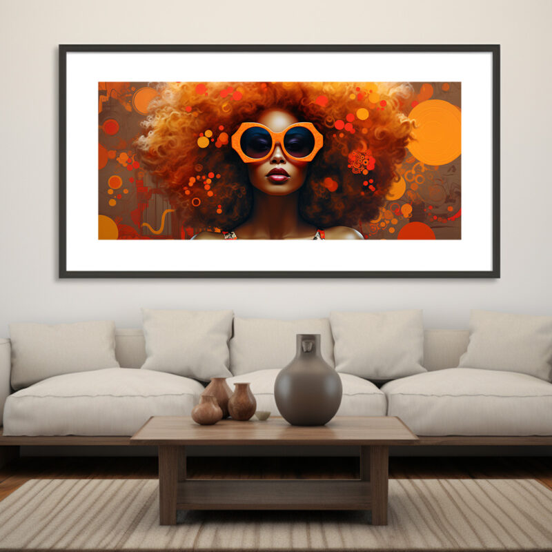 Afrocentric digital art of a Black woman wearing oversized orange sunglasses and a vibrant amber afro