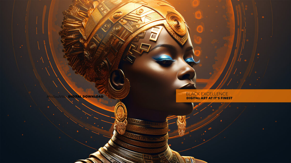 Coded Gold Afrofuturist Royal Portrait Art Print – Black queen with golden headdress and jewelry (5824×3264 px, 300 DPI)