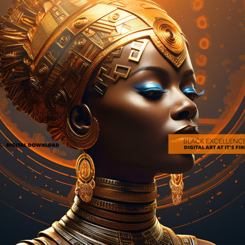 Coded Gold Afrofuturist Royal Portrait Art Print – Black queen with golden headdress and jewelry (5824×3264 px, 300 DPI)