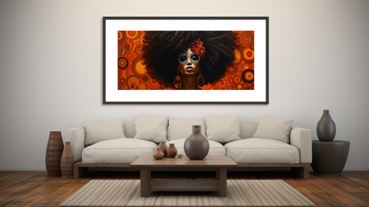Afrocentric digital art of a stylish Black woman framed by vivid orange retro patterns and radiant curls