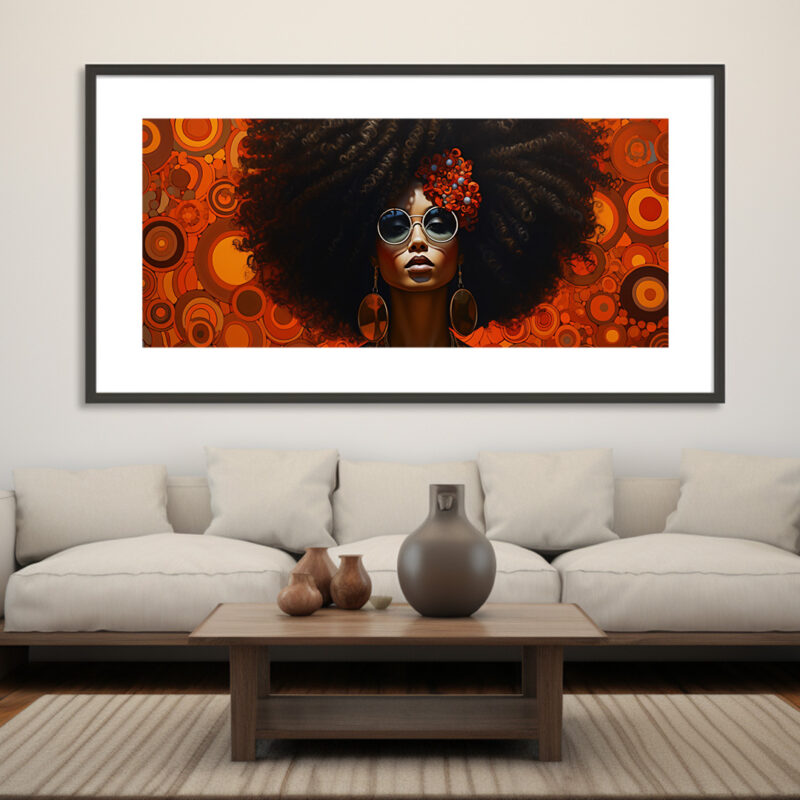 Afrocentric digital art of a stylish Black woman framed by vivid orange retro patterns and radiant curls