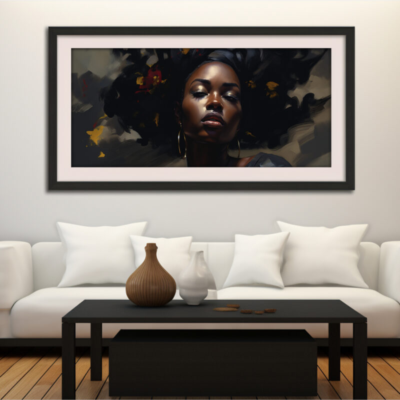 Painterly digital art of a regal Black woman in rich noir shadows and soft brushstroke texture