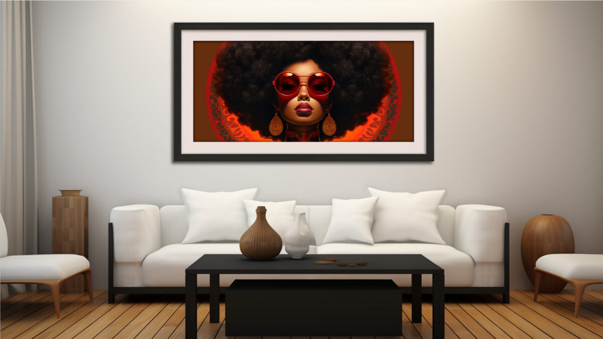 Afrocentric digital art of a poised Black woman bathed in smoky crimson and charcoal shadows