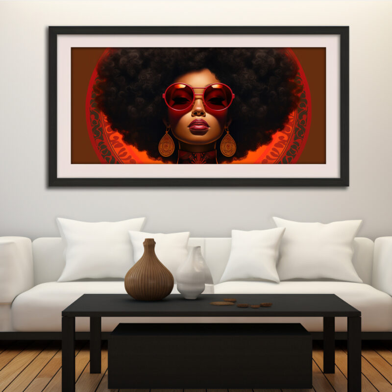 Afrocentric digital art of a poised Black woman bathed in smoky crimson and charcoal shadows