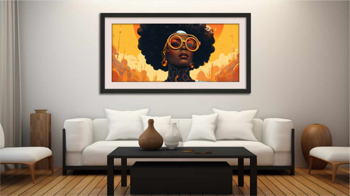 Afrocentric digital art of a futuristic Black woman in golden goggles against a sun-lit orange cityscape