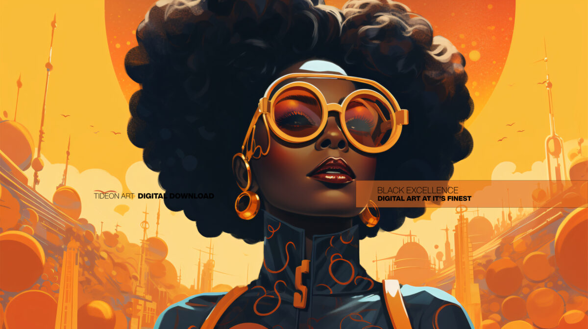 Afrofuturist digital illustration of a Black woman with a voluminous afro and amber goggles against a sun-lit retro-futurist cityscape