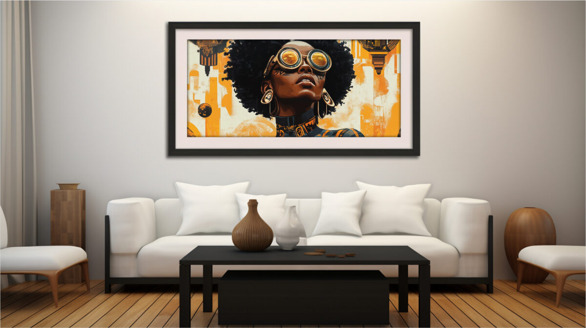 Afrocentric digital art of a futuristic Black woman wearing golden tech goggles against a swirling cosmic orange backdrop