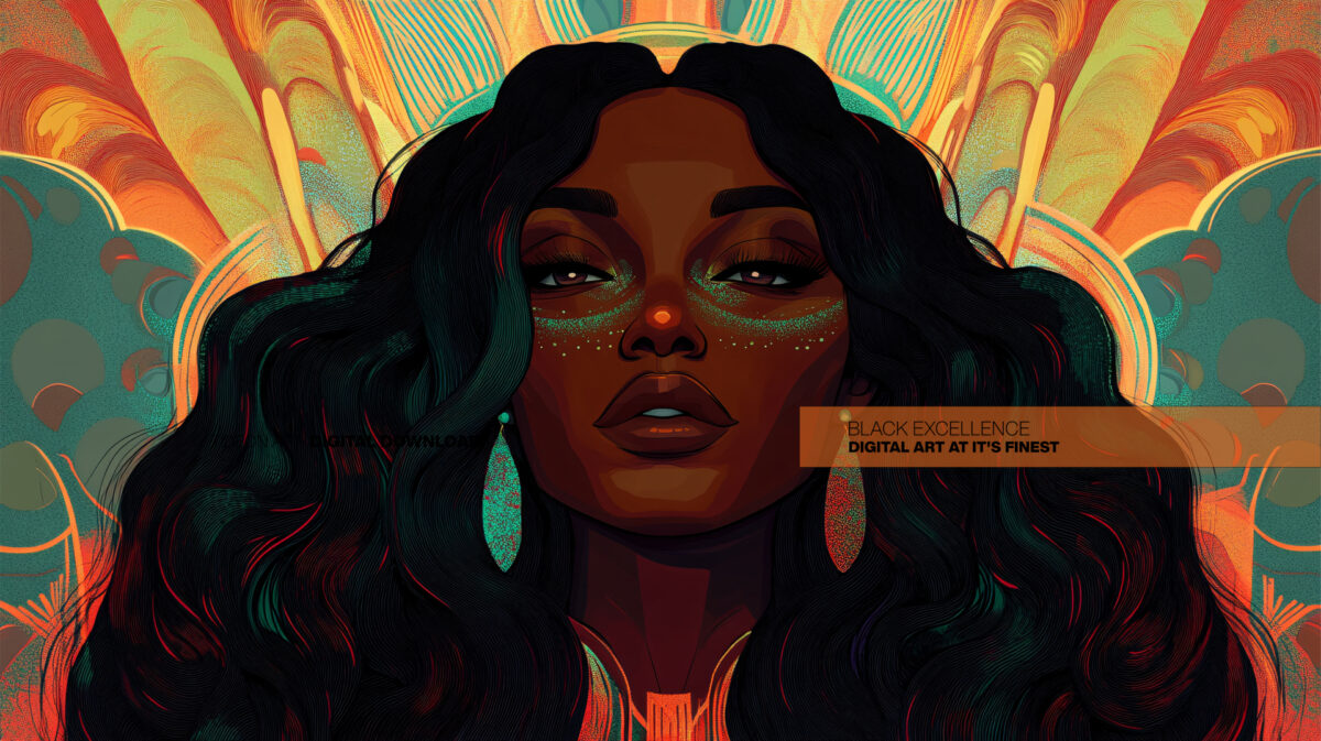 Radiant Sovereignty: Afro-Futuristic Celebration of Black Elegance in Digital Art Print - Image 2