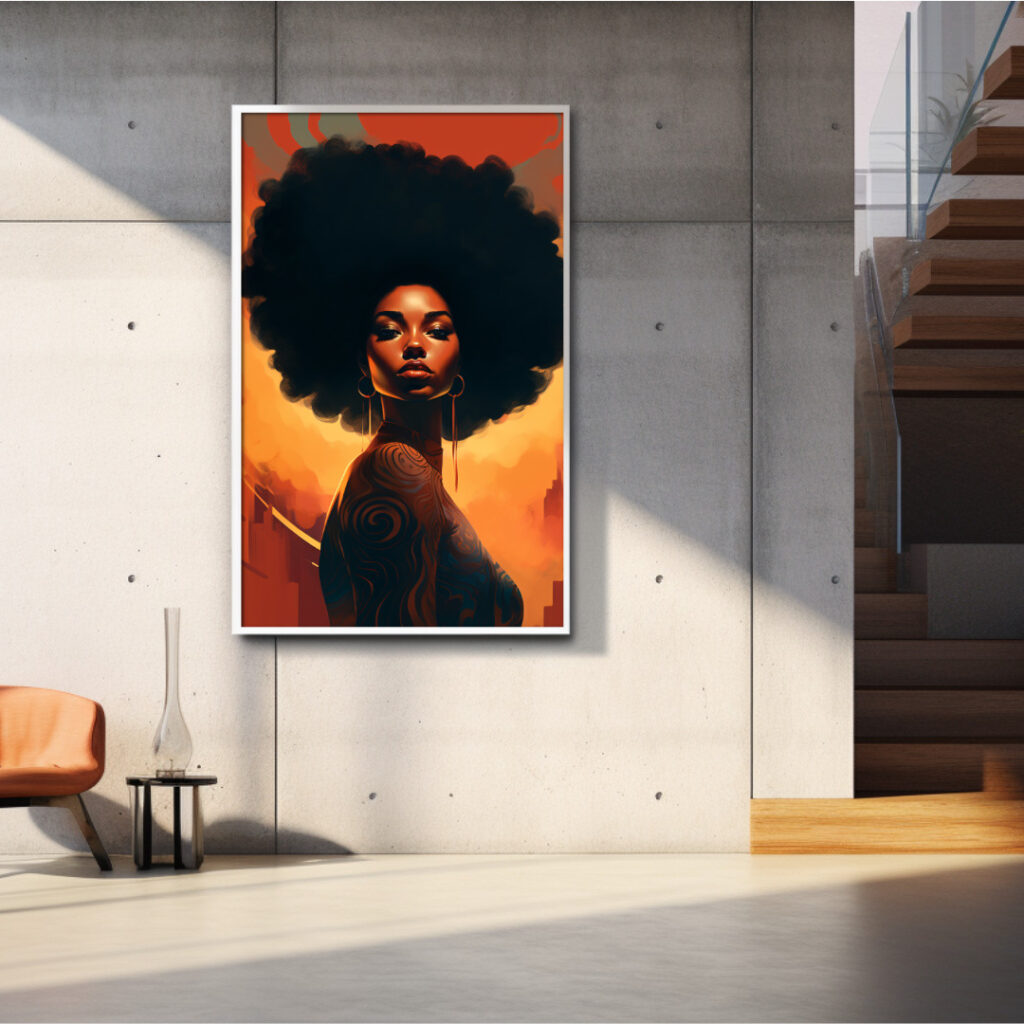 Afrocentric digital portrait of Black woman with bold afro and golden glow
