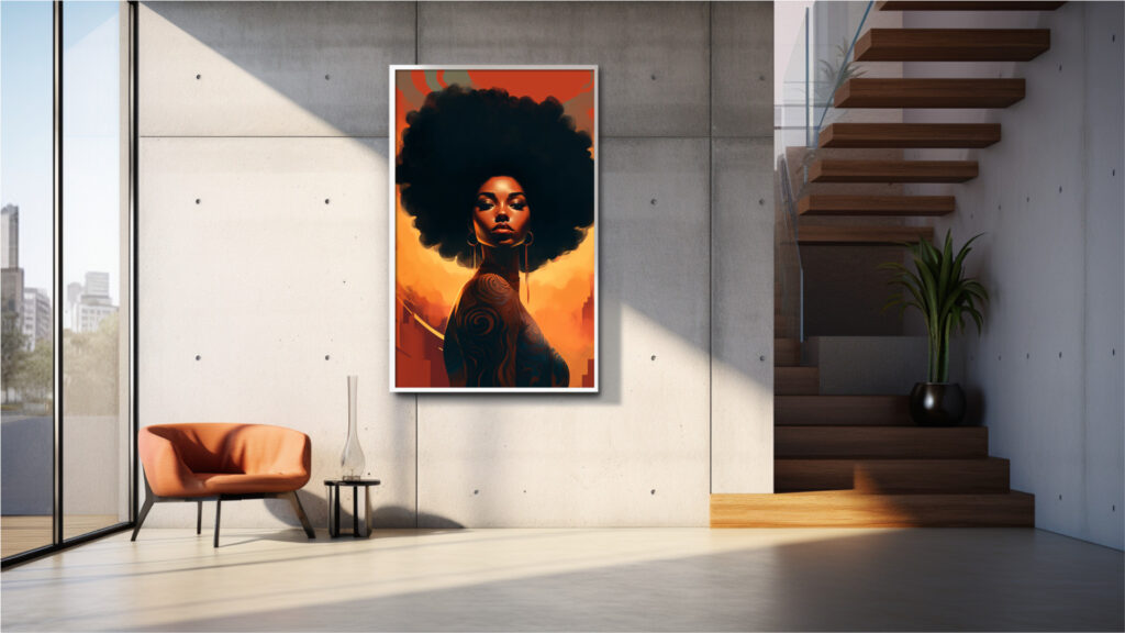 Afrocentric digital portrait of Black woman with bold afro and golden glow