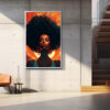 Afrocentric digital portrait of a regal Black woman glowing in warm sunrise hues; bold afro, golden highlights, confident gaze.