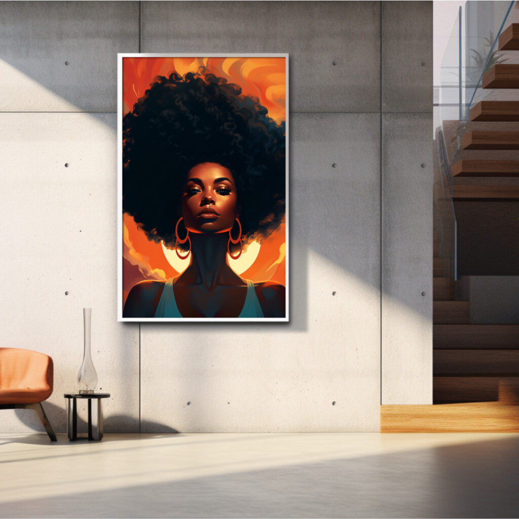 Afrocentric digital portrait of a regal Black woman glowing in warm sunrise hues; bold afro, golden highlights, confident gaze.