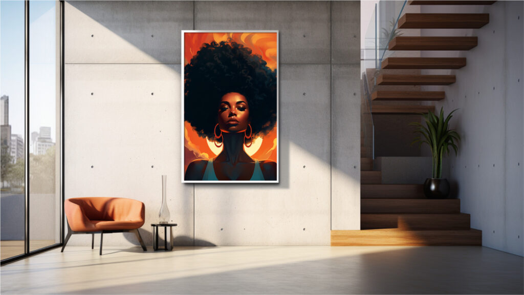 Afrocentric digital portrait of a regal Black woman glowing in warm sunrise hues; bold afro, golden highlights, confident gaze.