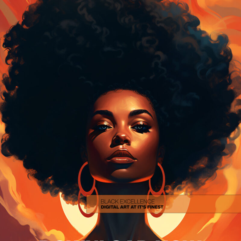 Afrocentric digital portrait of a regal Black woman glowing in warm sunrise hues; bold afro, golden highlights, confident gaze.