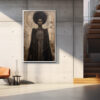 Afrocentric digital art portrait of regal Black woman in celestial halo, painted textures and earth-gold palette