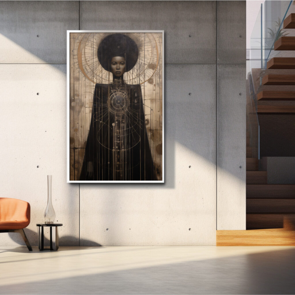 Afrocentric digital art portrait of regal Black woman in celestial halo, painted textures and earth-gold palette