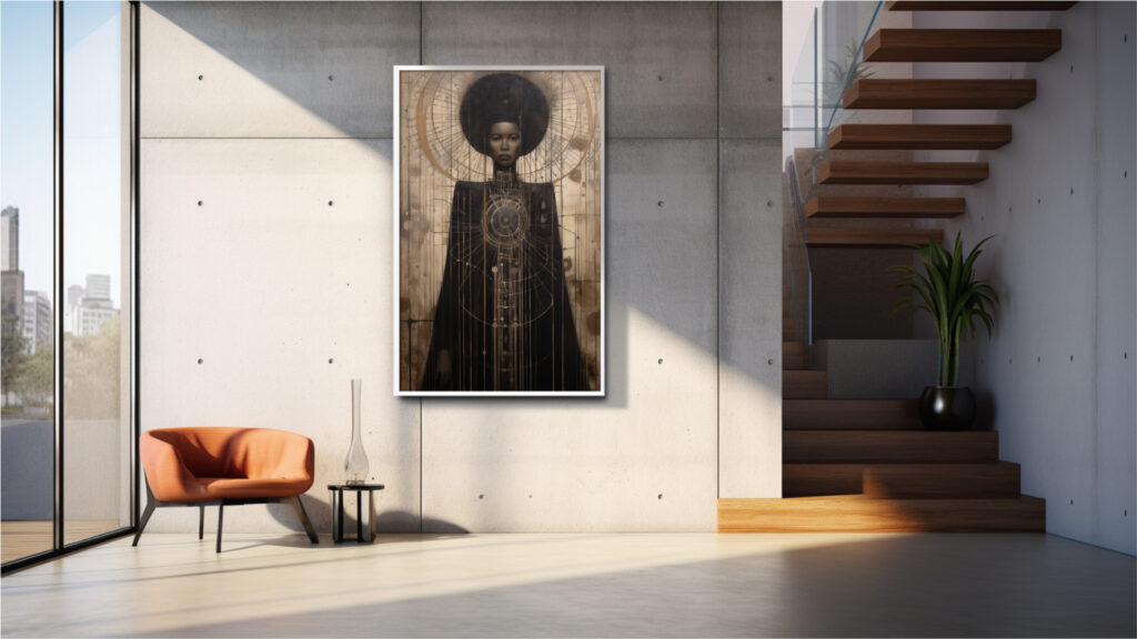 Afrocentric digital art portrait of regal Black woman in celestial halo, painted textures and earth-gold palette