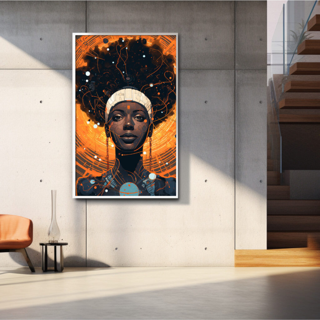 Afrocentric digital portrait of Black woman with neon circuitry halo and orange cosmic backdrop