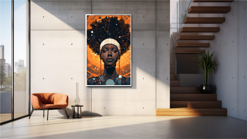 Afrocentric digital portrait of Black woman with neon circuitry halo and orange cosmic backdrop