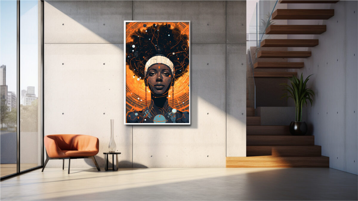Afrocentric digital portrait of Black woman with neon circuitry halo and orange cosmic backdrop