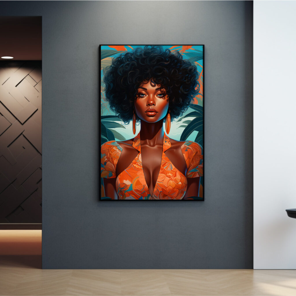 Afrocentric digital portrait of a Black woman in vivid tropical palette, luxuriant curls and coral-blue foliage backdrop