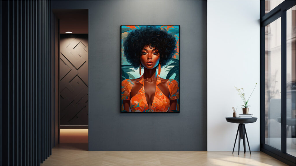 Afrocentric digital portrait of a Black woman in vivid tropical palette, luxuriant curls and coral-blue foliage backdrop