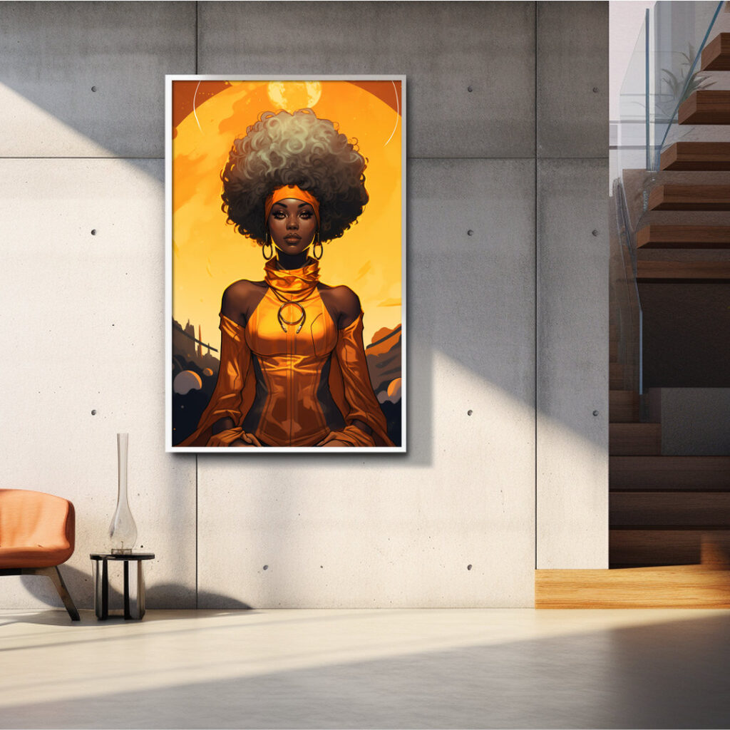 Afrocentric portrait of a Black woman glowing in orange halo, cosmic circuitry backdrop