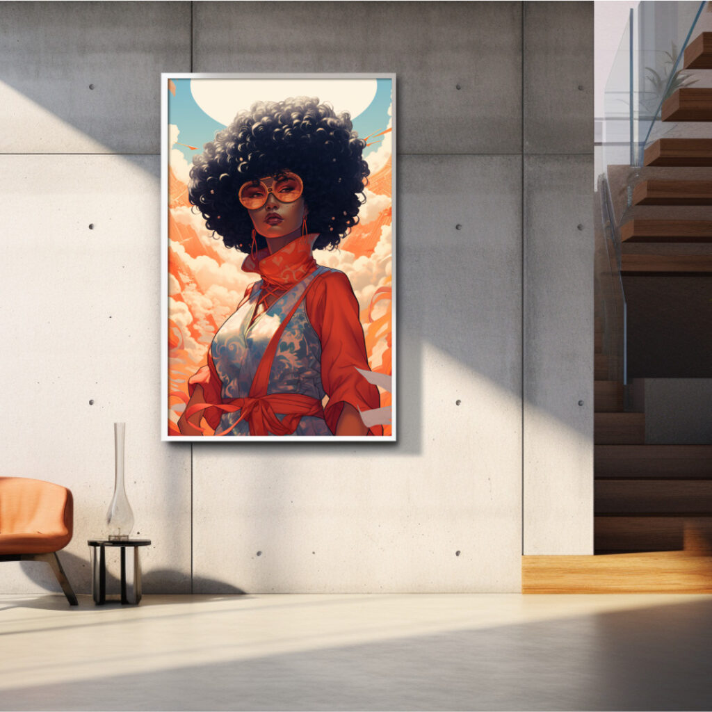 Afrocentric portrait of a proud Black woman in vibrant sunrise tones, ready-to-print digital download art (vertical multi-size JPG pack).