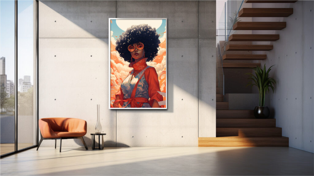 Afrocentric portrait of a proud Black woman in vibrant sunrise tones, ready-to-print digital download art (vertical multi-size JPG pack).