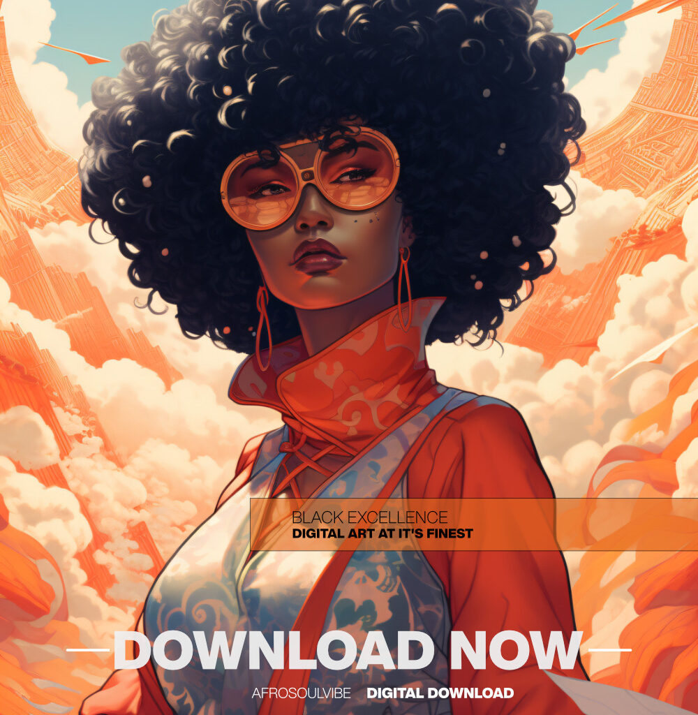 Afrocentric portrait of a Black woman glowing in orange halo, cosmic circuitry backdrop