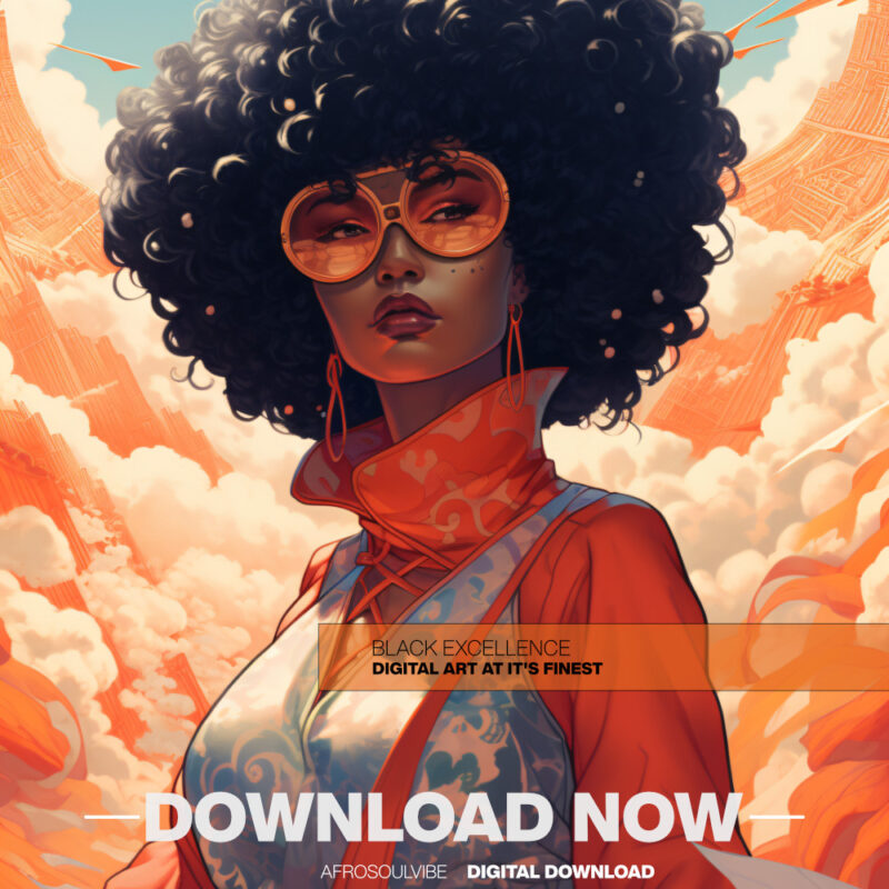 Afrocentric portrait of a Black woman glowing in orange halo, cosmic circuitry backdrop