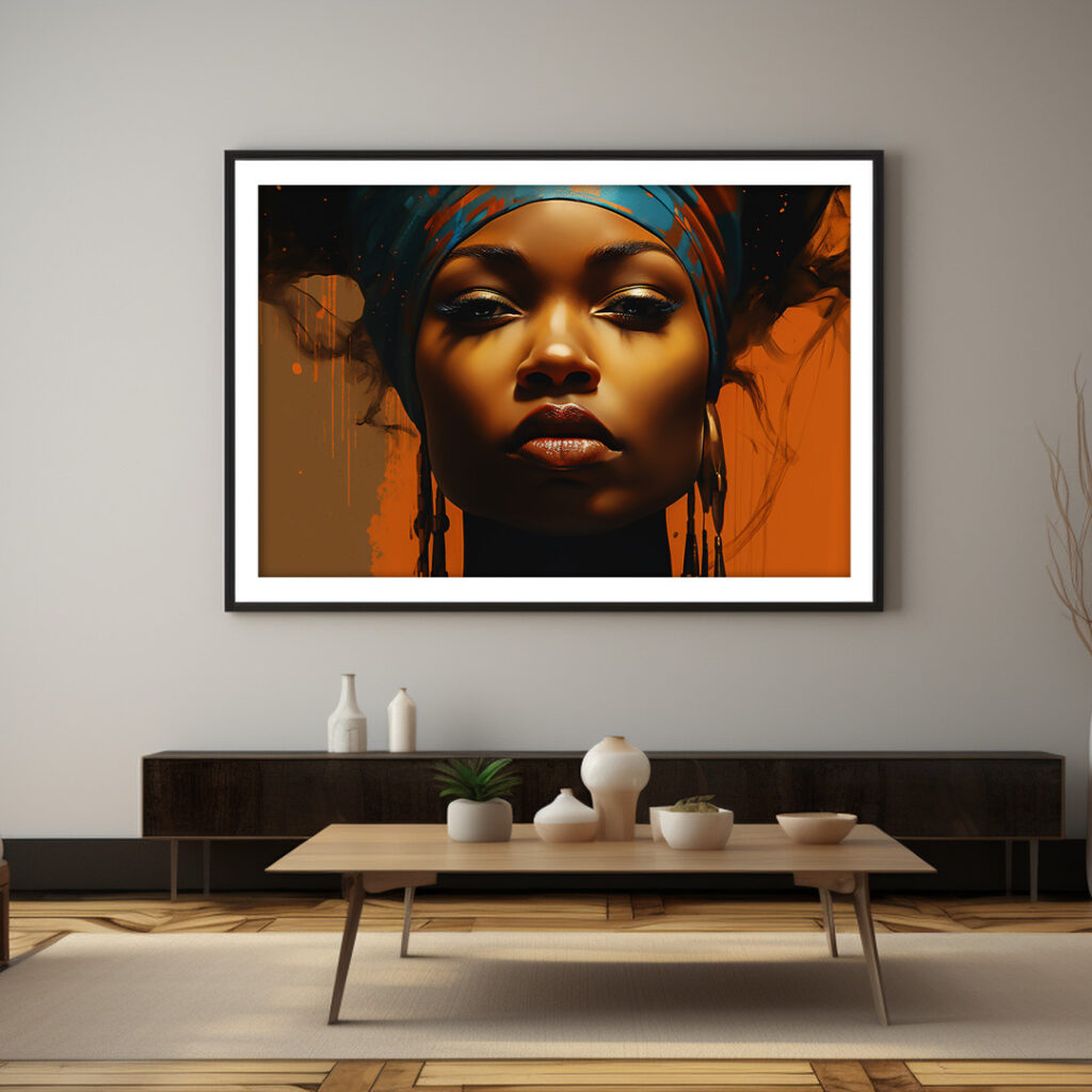 Painterly art print of a regal Black woman in teal headwrap, glowing umber aura