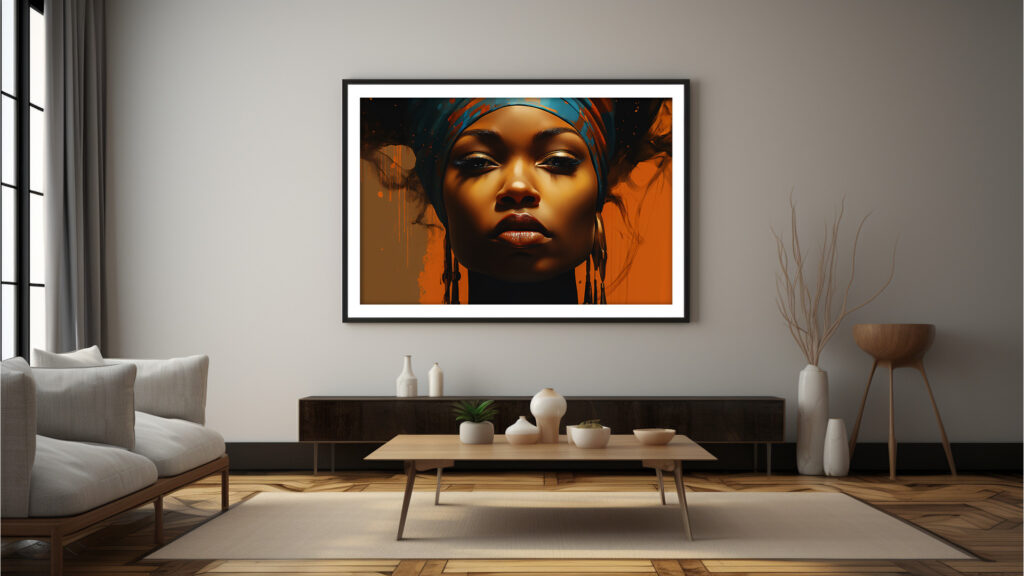 Painterly art print of a regal Black woman in teal headwrap, glowing umber aura