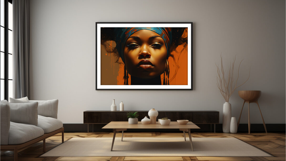 Painterly art print of a regal Black woman in teal headwrap, glowing umber aura