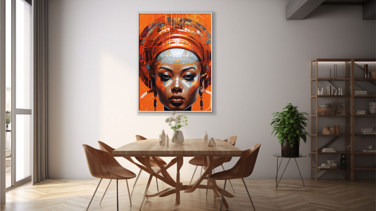Framed print mockup in modern living room—vertical Afrofuturist print