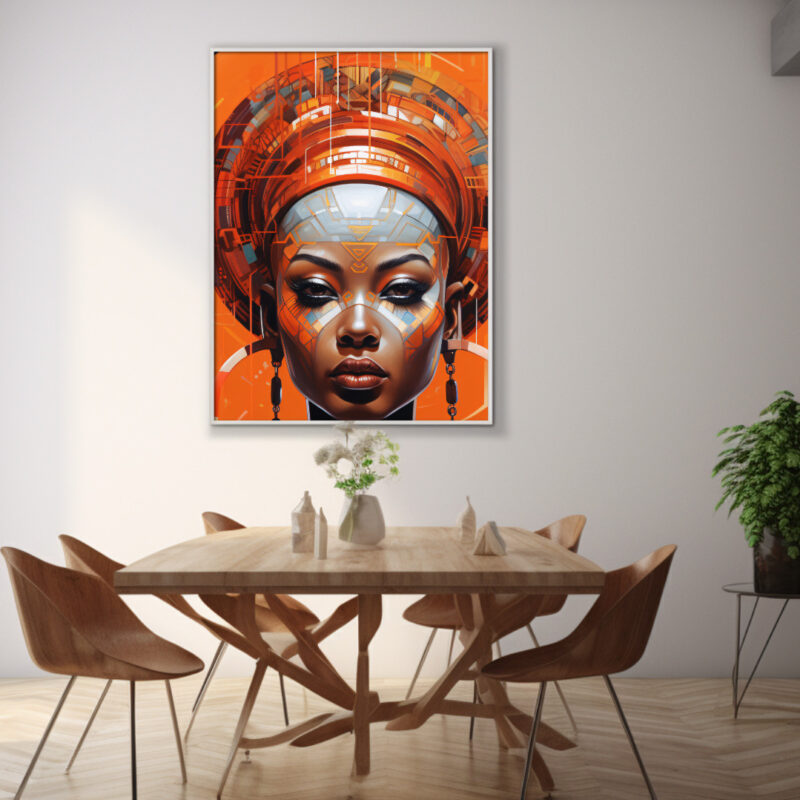 Framed print mockup in modern living room—vertical Afrofuturist print