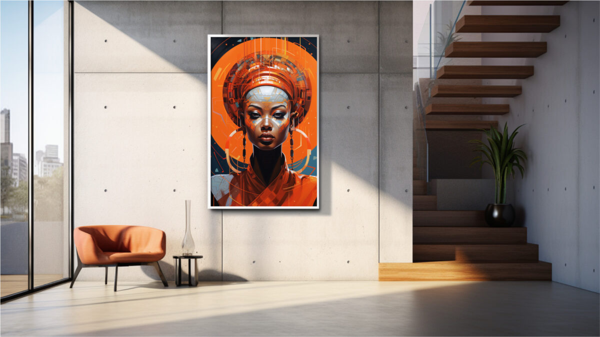 Profile crop with hoop earrings, warm metallic palette, Afrocentric sci‑fi portrait digital download.