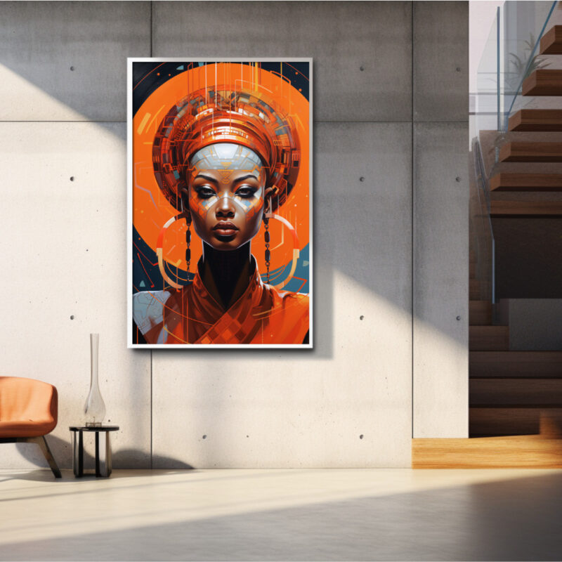 Profile crop with hoop earrings, warm metallic palette, Afrocentric sci‑fi portrait digital download.